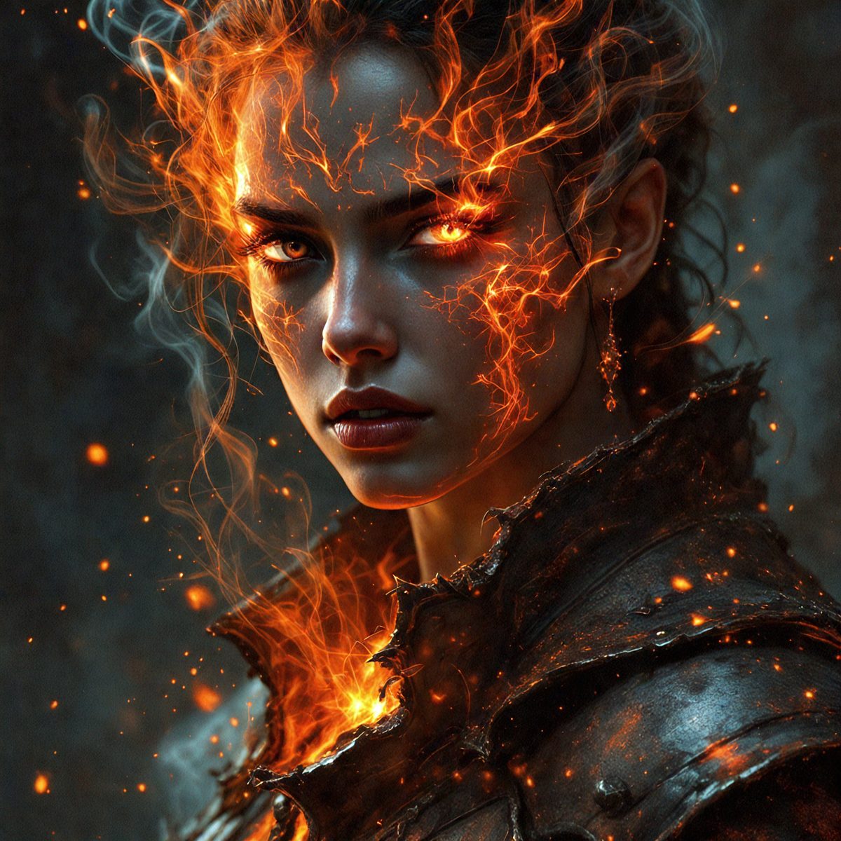 The primary subject of the image is a woman with a fiery, flame-like appearance. She is wearing a black and gold outfit, which adds to the dramatic and intense atmosphere of the scene. The setting appears to be a dark, possibly supernatural or fantasy-inspired environment. The visual style of the image is a combination of digital art and illustration, creating a striking and captivating portrait of the woman. The colors and mood of the image are predominantly dark and intense, with the flames and the woman's expression contributing to the overall dramatic and mysterious atmosphere.